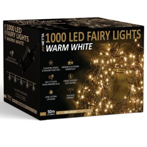 NETTA Christmas Tree Fairy Lights 1000 LED 50m Warm White with 8 Different Modes; for Outdoor & Indoor Use