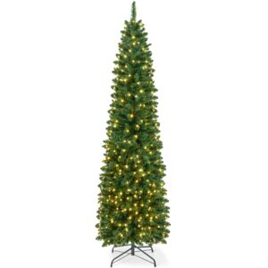 VeryMerry 5FT Pre Lit Christmas Tree Aspen Slim Pencil Tree with 200 Built-In Warm White LED Lights with Auto-Off Timer