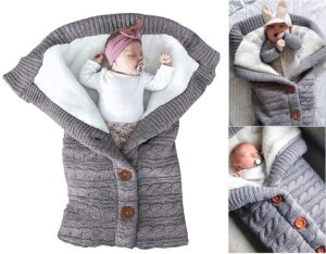 Momolaa Newborn Baby Swaddle Wrap Infant Winter Warm Knitted Swaddle Baby Boys Girls Blanket Sleeping Bag (Grey)