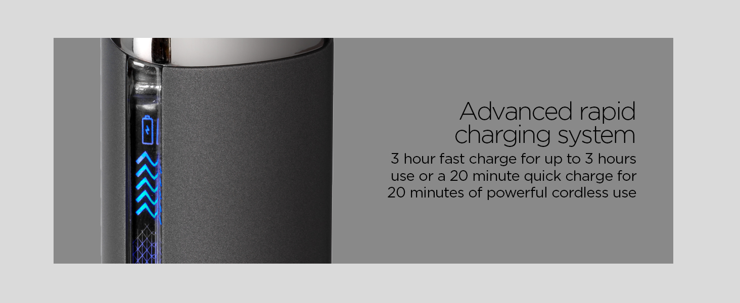 Advanced rapid charging system 3 hour fast charge 20 minute quick charge powerful cordless use