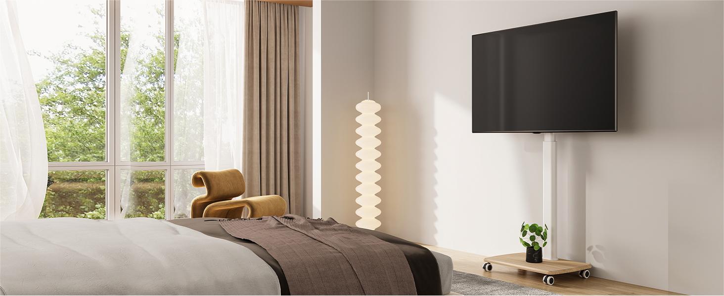 FITUEYES White TV Stand on Wheels Wood for 32 43 45 55 60 65 70 Inch TV, Mobile TV Cart Trolley