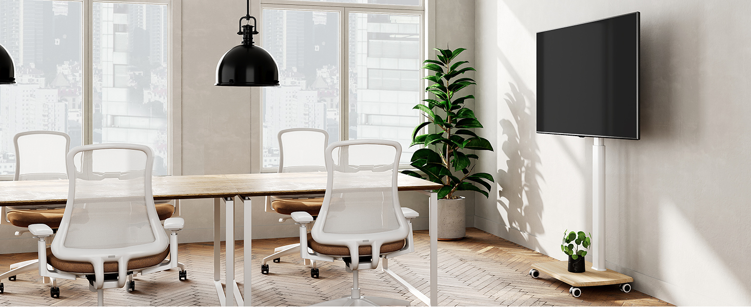 FITUEYES White TV Stand on Wheels Wood for 32 43 45 55 60 65 70 Inch TV, Mobile TV Cart Trolley