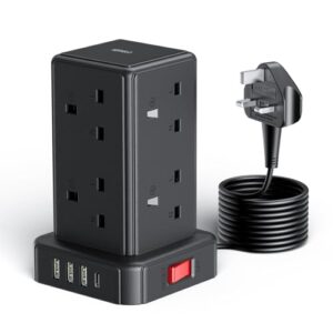 Tower Extension Lead with 8 Way Multi Plug Extension Tower & 4 USB Ports (13A 3250W)
