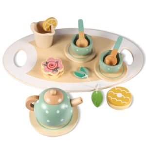 PAMIYO 14 Pcs Wooden Tea Set for Toddler