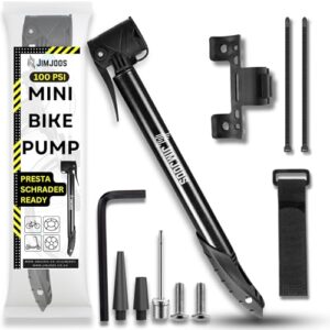 JIMJOOS Portable Mini Bike Pump - Aluminium Alloy Bicycle Pump for Presta & Schrader Valve - Lightweight 100PSI Mountain Bike Tyre Pump - Includes Frame Bracket
