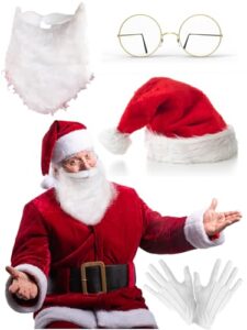 Adult Santa Claus Fancy Dress Costume Accessory - Santa Hat + Beard + Glasses + Gloves - Christmas Decorations Xmas Family Party Gifts Novelty Holidays Outfi