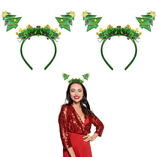 Lizzy 02 x Glitter Green Christmas Tree Headband | Children Adult Fancy dress Costume Accessories Christmas Headbopper One Size Hair Accessory for Xmas Parties Elves Party Hats for Christmas Favours
