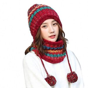 Women Knitted Hat Scarf Set Winter Warm Thicken Crochet Bobble Pom Pom Beanie Hat Cap Outdoor Ski Snowboard Cycle Bobble Hemming Hats with Fleece Lining