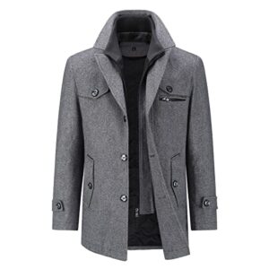 YOUTHUP Mens Winter Coat Mid Length Thick Wool Trench Coats Regular Fit Padded Military Peacoa