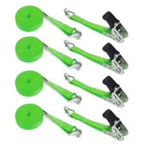 Heavy Duty Ratchet Straps with Double Hooks 4 X 800KG Break Strength - 6M x 25mm Adjustable Tensioning Belts Secure Motorcycles/Car Roof Rack/Surfboard Kayak/Vans/Motorcycle/Luggage - Green(4 PCS)