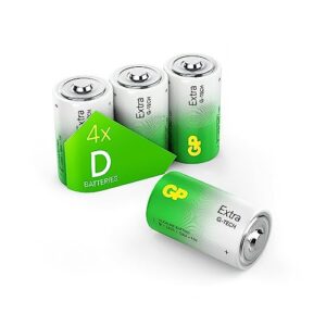Size/Type D Batteries Pack of 4 LR20 batteries 1.5V by GP Batteries Type D Cell Size Extra Alkaline Batteries ideal for: Toys/Radio’s/Garden equipme