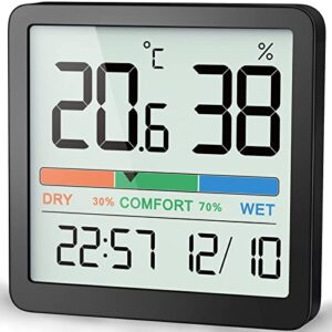 NOKLEAD Room Thermometer Hygrometer Small Digital Temperature Humidity Meter Indoor Thermometers Sensor Air Monitor with Clock Comfort Display Calibration (Black)