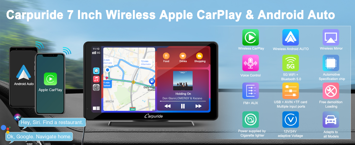 7 inch Portable Wireless CarPlay/Android Auto Car Multimedia Player