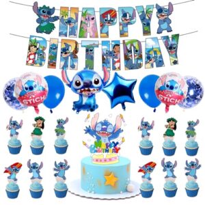 Stitch Balloons Happy Birthday Banner Stitch Cake Toppers for Girls Boys Kids Cupcake Toppers Birthday Cake Decorations Happy Birthday Balloons Foil Blue Balloons Cartoon Party Decorations Christmas