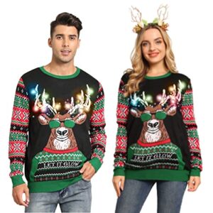 Belovecol Unisex LED Light Up Christmas Jumper Ugly Xmas Sweater Funny Printed Knitted Holiday Pullover for Men and Wome
