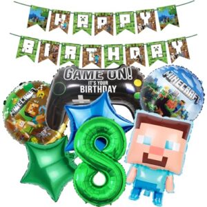 Minecraft Birthday Decorations 8 Year Happy Birthday Balloon Banner Minecraft Foil Balloons for Boy Birthday Balloons Cartoon Funny Happy Birthday Party Supplies Gaming Theme Party Supplies Decoratio