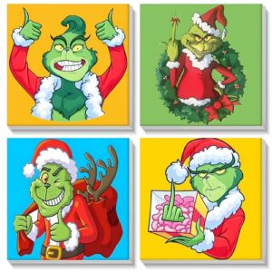 SENQAO Framed Christmas Paint by Numbers for Adults Kids Beginners - 4 Pack Grinch Christmas Paint by Number on Canvas for Kids Ages 4-8-12 Girls