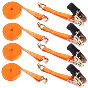 Ratchet Straps with Double Hooks 4 x 800KG Heavy Duty Ratchet Straps - 6M x 25mm Tie Down Straps with Cam Buckle for Car Roof Rack/Surfboard Kayak/Vans/Motorcycle/Luggage（4 SETS）