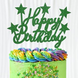 WedDecor Happy Birthday Green Glitter Cake Topper Cupcake Toppers Picks Stars Cake Desserts Decoration Party Supplies For Girls Boys Women Man Theme Birthday Party Celebratio