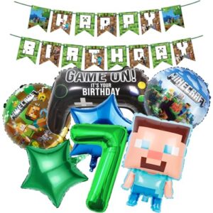 Minecraft Birthday Decorations 7 Year Happy Birthday Balloon Banner Minecraft Foil Balloons for Boy Birthday Balloons Cartoon Funny Happy Birthday Party Supplies Gaming Theme Party Supplies Decoratio