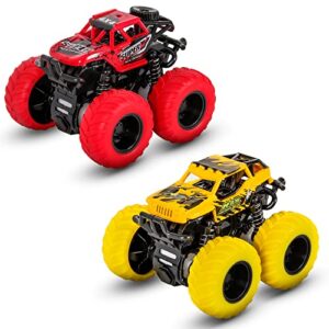 Kids Inertia Car，2 PCS Monster Inertia Truck 360 Rotation Friction Powered Off-road Vehicles Pull back car Educational Cars Xmas Birthday Gifts for Boys Girls ( 1 Yellow，1 Red )