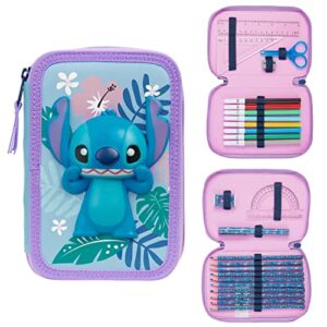 Disney Stitch Pencil Case with Stationery for Girls Frozen Filled Pencil Case School Supplies Colouring Pencils Coloured Markers Stitch Gifts for Girls (Stitch Double Zip)