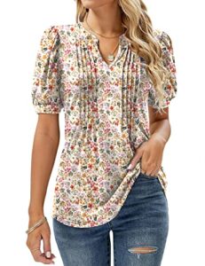 EFFAN Womens V Neck Tops Puff Short Sleeve T-Shirt Pleated Floral Printed Tunic Blouse Shirts