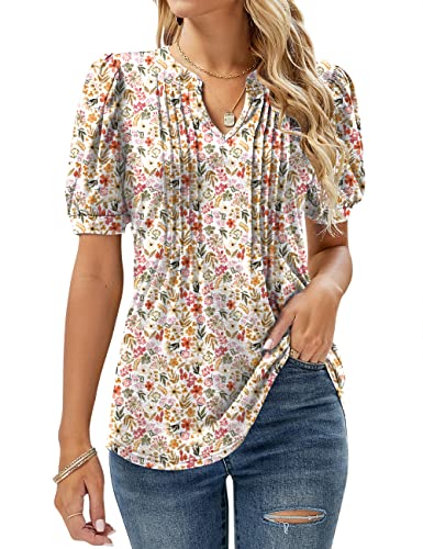 EFFAN Womens V Neck Tops Puff Short Sleeve T-Shirt Pleated Floral Printed Tunic Blouse Shirts