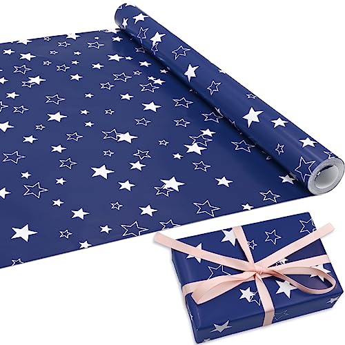 ADQUATOR 12m×44cm White Star Navy Blue Wrapping Paper Roll
