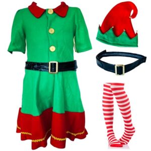 Childrens Kids Girls Elf Santas Helper Fancy Dress Costume Outfit and Red White Tights 4-12 Years