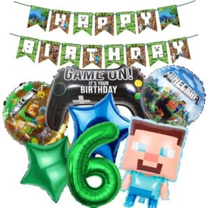 Minecraft Birthday Decorations 6 Year Happy Birthday Balloon Banner Minecraft Foil Balloons for Boy Birthday Balloons Cartoon Funny Happy Birthday Party Supplies Gaming Theme Party Supplies Decoratio