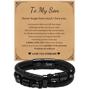 FLHEART Leather Bracelets Mens Gifts Jewellery - to My Son Dad Bracelet Handsome Premium Leather Black Stainless Steel Magnetic Clasp Cuff Bangle for Father's Day Graduation for Daddy Papa So
