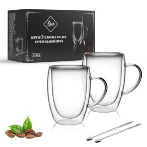 LIBWYS 2 Pack Double Walled Coffee Cups Glasses Mugs with 2 Spoons