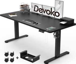 Devoko Electric Standing Desk 160x80 with USB Charging Height Adjustable Standing Desk with Desktop Sit Stand Desk Stand Up Desk Heavy Duty Steel 4 Memory Smart Pannel(Frame+Black Desktop)