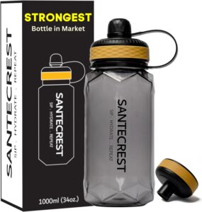 SanteCrest Water Bottle 1L - BPA Free water bottle Non-Toxic Durable Plastic with Easy Holding Sleeve