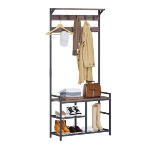 Leader Accessories Hallway Coat Stand Industrial Coat Rack free standing Hall Tree with Shoe Bench 9 Hooks Metal Frame 33"x12"x71.5"(L/W/H) Vintage Brow