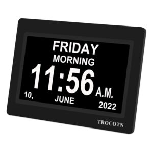 TROCOTN 7 Inches Digital Clock Day Clock Large Display Alarm Clock Wall Clock (Black)