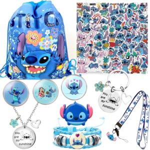 LGUZAKO 59PCS Stitch Party Bag Fillers Stitch Merchandise Gifts for Girls Cute Anime Accessories Include Drawstring Bag Backpack Stickers Lanyard Necklace Bracelet Keychain Phone Holder Button Pins
