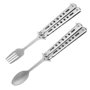 2 Pcs Stainless Steel Camping Cutlery Butterfly Camping Spoon and Spork Set Foldable Christmas Gifts Multi-Functional Fruit Forks for Kitchen BBQ Camping Travel Outdoor Portable Cutlery