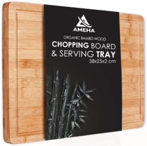 Ameha Bamboo Wood Chopping Board with Juice Groove (38x25x2cm) Pre Oiled for Food Prep