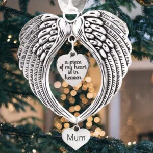 Yueshop Christmas Memorial Ornaments Angel Wings Christmas Memorial Loved One Wing Charm "a Piece of My Heart Is In Heaven"Hanging Pendents for Home Decor Gifts (Mum)