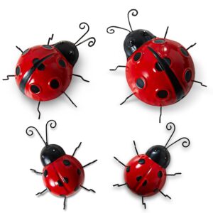 4pc Ladybird Garden Ornaments Outdoor Garden Decorations - 3D Ladybug Decorations Metal Garden Ornaments for Ladybird Wall Art Garden Decorations Outdoor - Garden Wall Decorations Garden Accessories