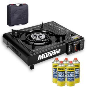 Munnie Black Portable Camping Stove with Cary Case & Butane Gas | Premium Camping Gas Stove | Camping Stove Gas Portable | Automatic Ignition & Heat Control (Stove + 5 Canisters)