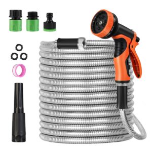 Alupssuc Metal Garden Hose Pipe(15m) - Flexible Stainless Steel Water Hose with Solid Fittings and Sprayer Nozzle - Leak Proof Kink Free