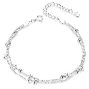 Tusuzik Elegant Mini Stars Beaded Charm Bracelet 925 Sterling Silver Box Chain Layered Bracelet