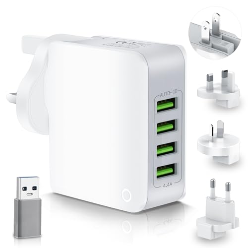 Travel Adapter 4 USB Universal Charger Plug Adaptor 22W 4.4A international Multi USB Wall Plug with UK EU USA AUS Worldwide European Power Adapter Plug for iPhone