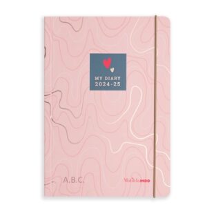 Matilda Moo 2024-2025 Academic Diary - A5 Weekly - Unique Layout - Flexible Card Covers with Elastic Closure - July '24 to July '25 - Persoanlised Version - Pink