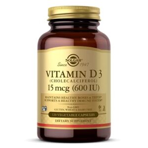 Solgar Vitamin D3 (Cholecalciferol) 600 IU (15 µg) Vegetable Capsules - Pack of 120 - Keeps bones and teeth healthy
