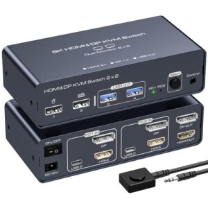 VEDINDUST HDMI Displayport KVM Switch 2 Monitors 2 Computers 8K60HZ 4K120HZ Aluminium KVM Switch Dual Monitor for 2 Computers Share 2 Monitors and 4 USB Ports With Desktop Controlle