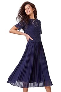 Roman Originals Lace Pleated Dress for Women UK - Ladies Swing Midi A-line Ball Cotton Special Occasion Party Formal Wedding Guest Mother of The Bride Groom Fit & Flare Gowns